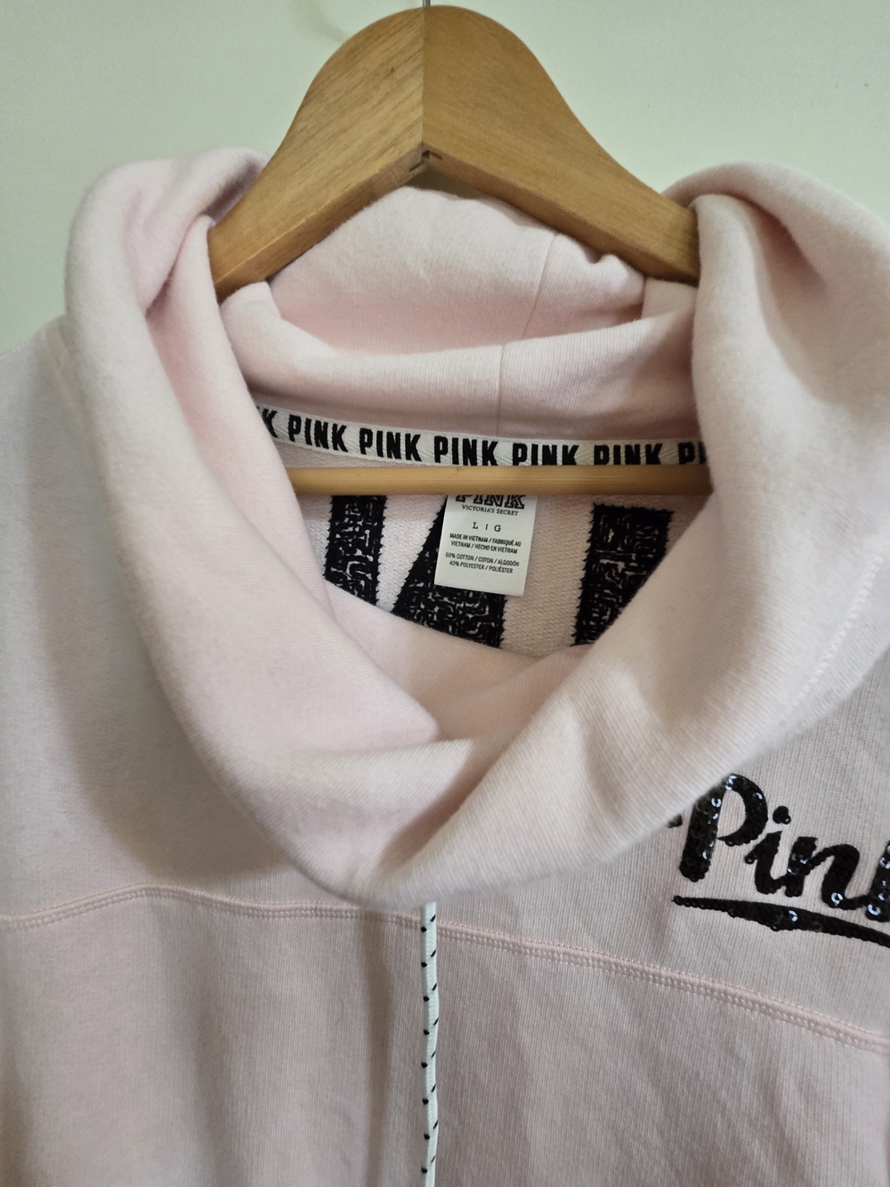 PINK Victoria's Secret Pullover Hoodie - Light Pink Sequin Sleeve Women's Top - Picture 6 of 11